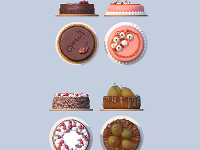 Assorted Delicious Cakes with Chocolate Layers Cream Frosting and Fresh Fruit Toppings 3d model