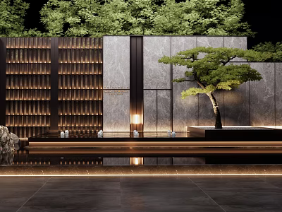 Modern Feature Wall Design With Black Grille Grey Stone Water Feature Lighting And Pine Tree 3d model