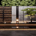 Modern Feature Wall Design With Black Grille Grey Stone Water Feature Lighting And Pine Tree