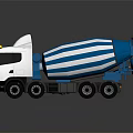 White Concrete Mixer Truck With Blue Striped Drum And Multiple Wheels