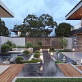 Modern Courtyard Garden Landscape With Lush Green Plants Water Pond Outdoor Lighting And Stone Walls
