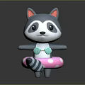 Cartoon Raccoon with Pink Ears Blue Bow Tie Striped Tail on Polka Dot Swim Ring