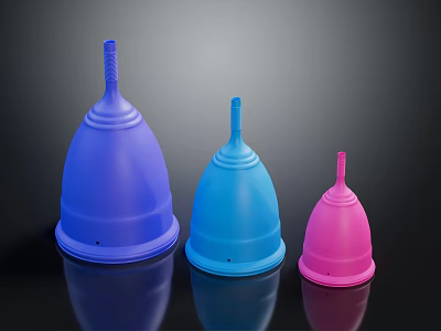 Three Different Colored Menstrual Cups Arranged In A Row On Dark Background 3d model