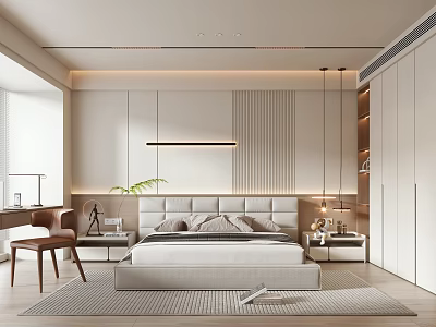 Modern Bedroom Interior With Upholstered Bed Desk Chair Striped Accent Wall And Pendant Light 3d model