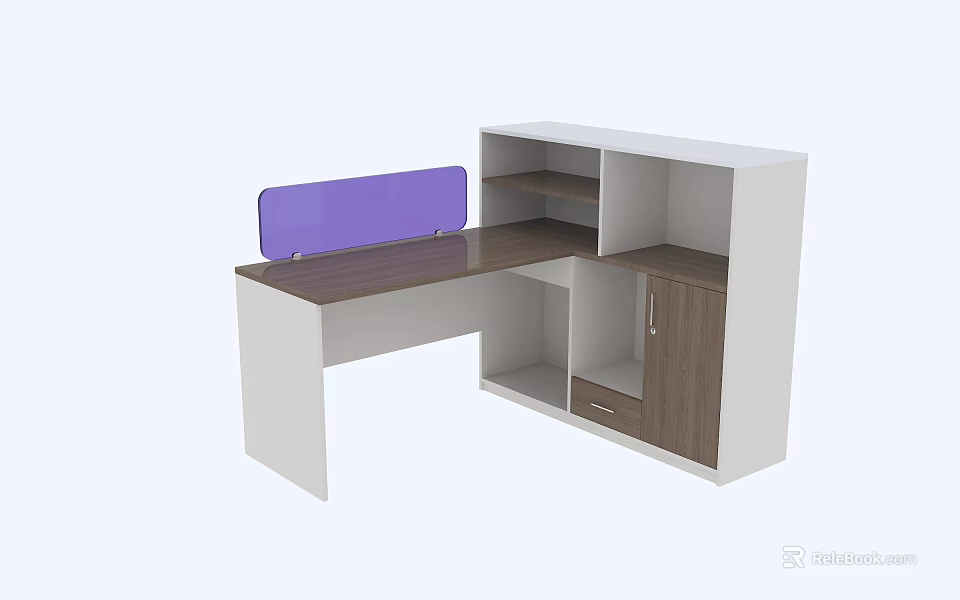 L Shaped Office Desk With White Frame Dark Wooden Top Purple Panel And Storage Cabinet 3d model 