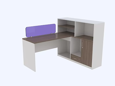 L Shaped Office Desk With White Frame Dark Wooden Top Purple Panel And Storage Cabinet 3d model