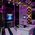 Modern KTV Room With Purple Lighting Neon Lines Sofa Coffee Table And TV Screen