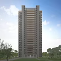 Modern High Rise Residential Building With Green Trees And Blue Sky White Clouds