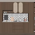 Modern Wooden Sideboard With Lattice Doors Patterned Tile Backsplash Open Shelves Decor And Wine Bottles