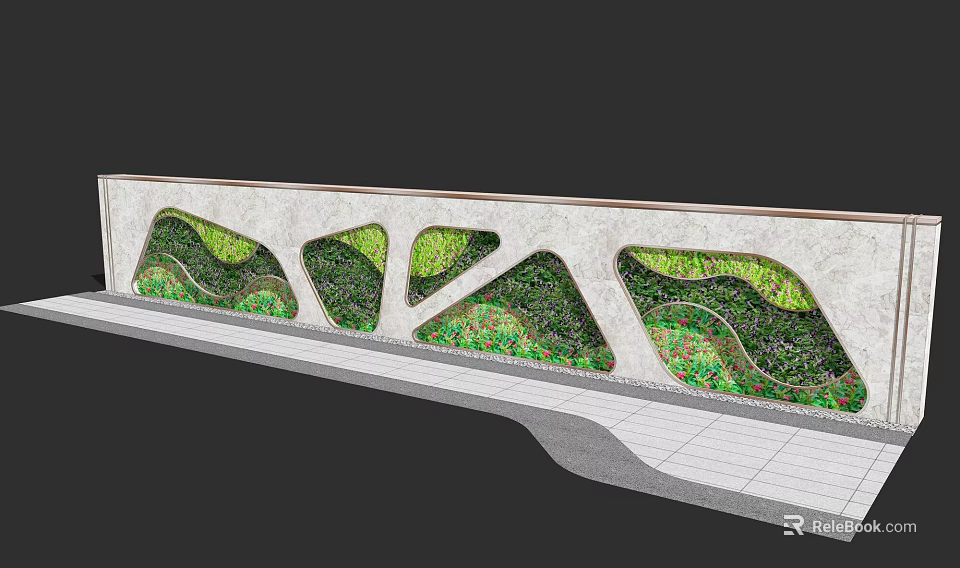Contemporary Garden Wall Design With Irregular Green Plant Openings And Stone Slab Floor 3d model 