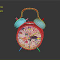 Vibrant Red Alarm Clock with Blue Bells and Cartoon Patterns on Dial