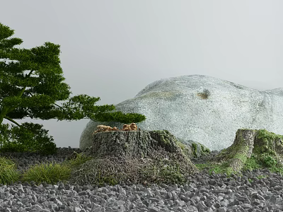 Garden Courtyard Design With Green Pine Tree Large Stone Tree Stump Decoration And Gravel Ground 3d model