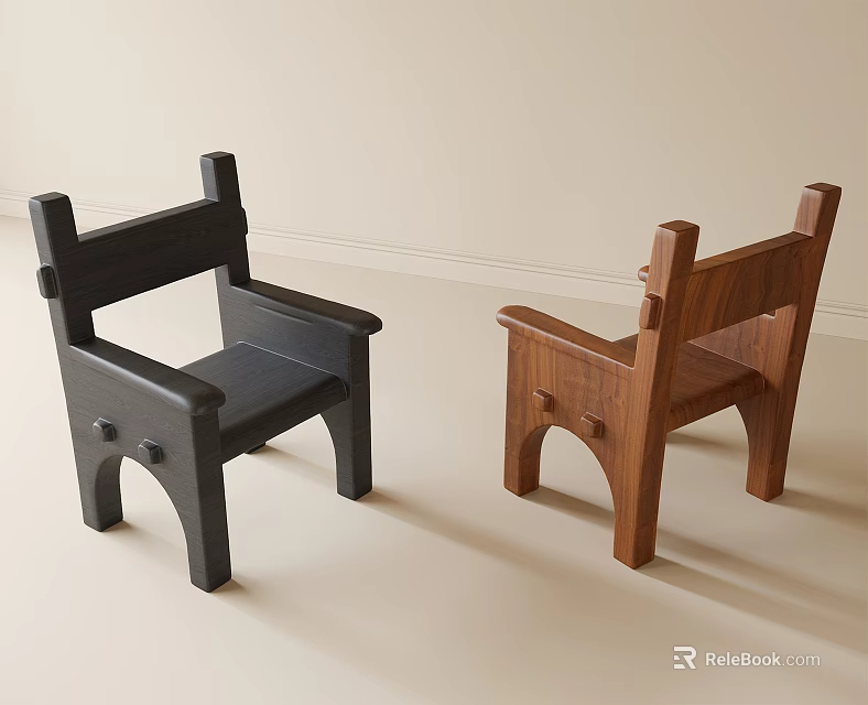 Two Black and Brown Wooden Accent Chairs with Simple Design in Light Colored Room 3d model 