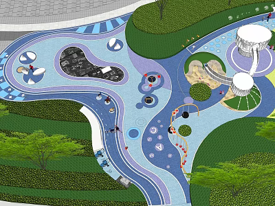 Colorful Children's Play Area Featuring Circular Play Structures Green Plants And Slides 3d model