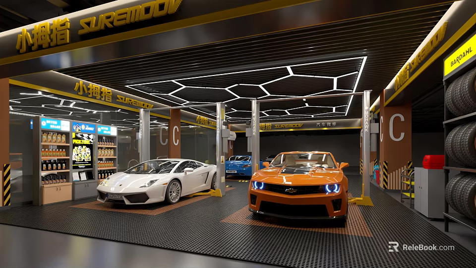 Suremod Car Modification Shop Interior With Luxury Sports Cars And Ceiling Lighting 3d model 