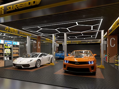 Suremod Car Modification Shop Interior With Luxury Sports Cars And Ceiling Lighting 3d model