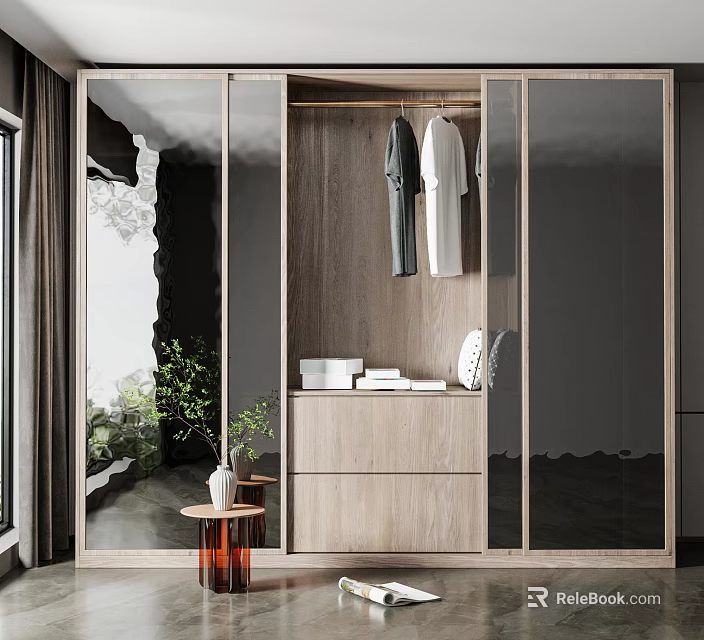 Modern Wardrobe With Mirrored Doors Hanging Gray And White Clothes And Wooden Base Storage 3d model 