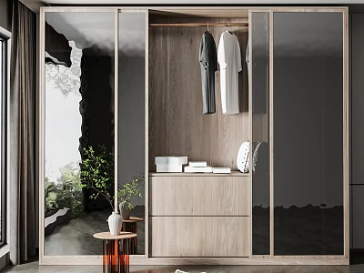 Modern Wardrobe With Mirrored Doors Hanging Gray And White Clothes And Wooden Base Storage 3d model