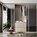 Modern Wardrobe With Mirrored Doors Hanging Gray And White Clothes And Wooden Base Storage