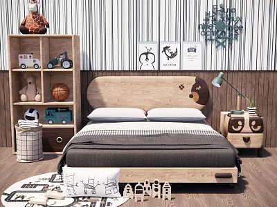 Kids Wooden Bed with Gray White Bedding Bear Nightstand Lamp and Decorative Posters 3d model