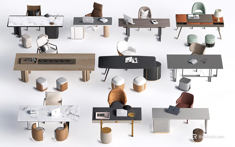 Modern Desk Designs With Wooden Marble Tops Chairs Laptop And Book Items 3d model 