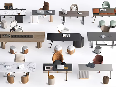 Modern Desk Designs With Wooden Marble Tops Chairs Laptop And Book Items 3d model