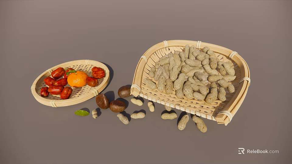 Fresh Red Dates Oranges And Peanuts In Bamboo Baskets With Scattered Chestnuts 3d model 