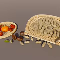 Fresh Red Dates Oranges And Peanuts In Bamboo Baskets With Scattered Chestnuts