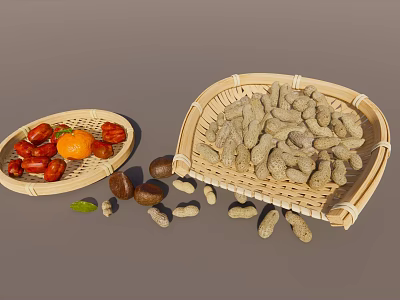 Fresh Red Dates Oranges And Peanuts In Bamboo Baskets With Scattered Chestnuts 3d model