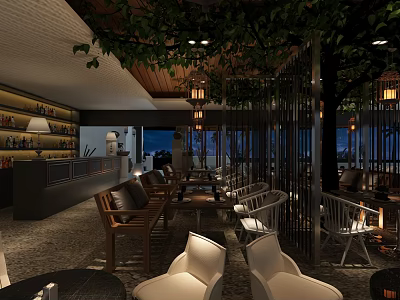 Modern Café Interior With Green Plants Wooden Ceiling Hanging Lanterns Bar Counter And Night View 3d model