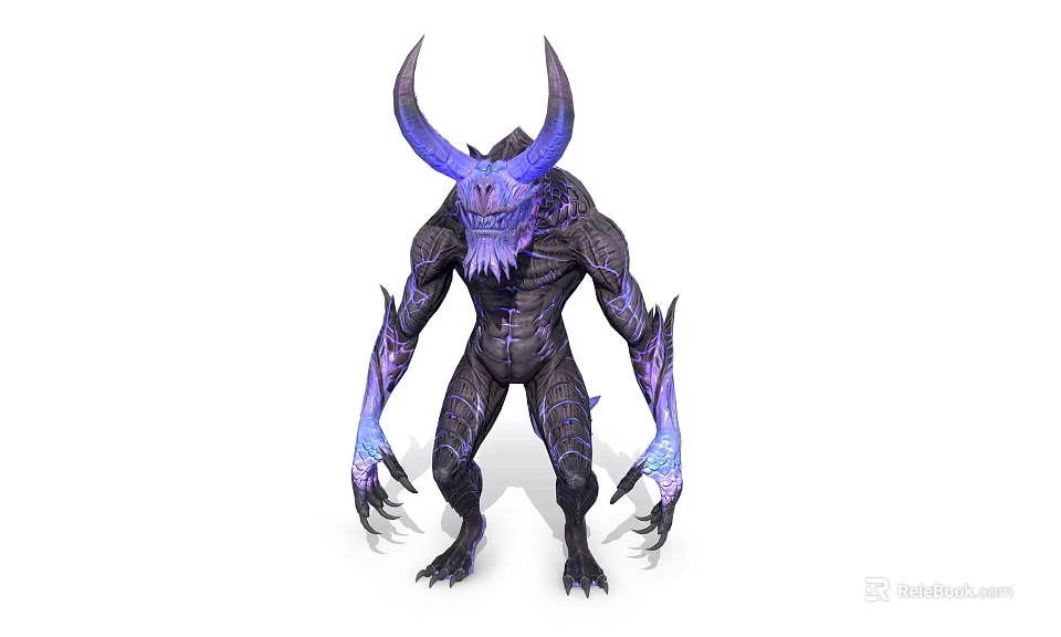 Game Movie Demon Character With Large Horns Purple Black Skin And Sharp Claws 3d model 