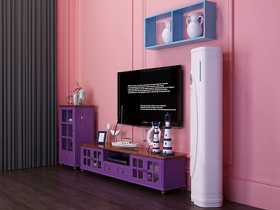Purple TV Stand With TV Featuring Pink Wall Blue Shelves White Vases And Decor 3d model