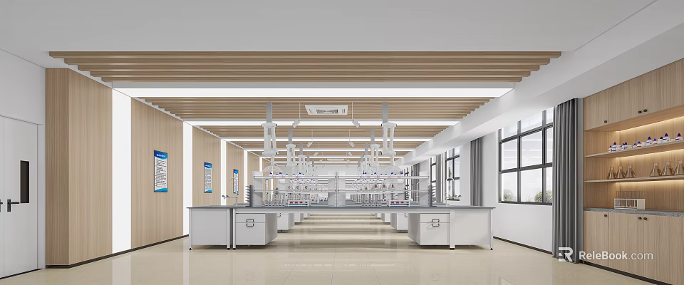 Spacious Modern Laboratory Interior With Lab Benches Ventilation Systems And Windows 3d model
