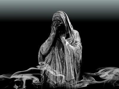 Detailed Hooded Cloaked Figure Sculpture With Hands Covering Face And Smoke 3d model