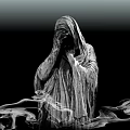 Detailed Hooded Cloaked Figure Sculpture With Hands Covering Face And Smoke