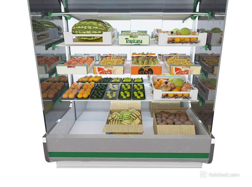 Commercial Fruit Display Freezer with Organized Shelves and Fresh Produce Bananas Apples Oranges 3d model 