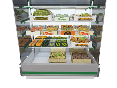 Commercial Fruit Display Freezer with Organized Shelves and Fresh Produce Bananas Apples Oranges 3d model