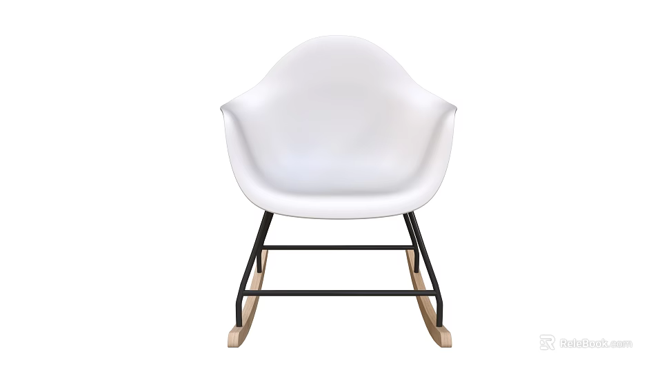 White Curved Leisure Chair With Black Metal Frame And Wooden Rocking Legs 3d model 