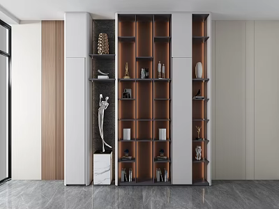 Modern Display Cabinet Interior Design With Brown White Shelves And Decorative Items 3d model