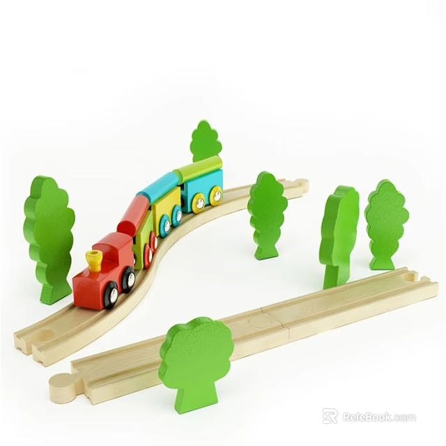 Colorful Sculpted Wooden Toy Train Track Set With Trees And Curved Tracks 3d model 