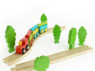 Colorful Sculpted Wooden Toy Train Track Set With Trees And Curved Tracks 3d model
