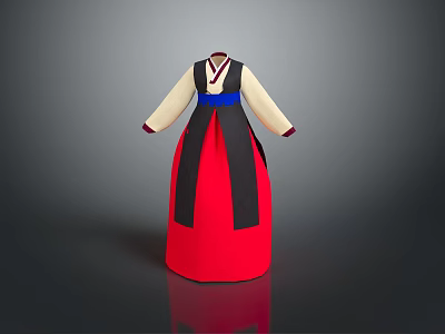 Traditional Korean Hanbok Costume With Red Skirt Black Sashes Blue Trim And Beige Sleeves 3d model