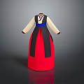 Traditional Korean Hanbok Costume With Red Skirt Black Sashes Blue Trim And Beige Sleeves