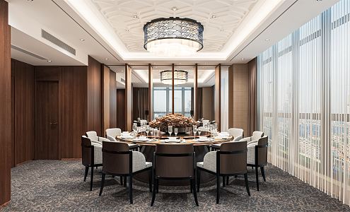 New Chinese Style Room Restaurant Box Catering Room Hotel Catering Room Round Dining Table with Artistic Chandelier 3d model