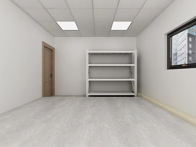 Empty Room With White Walls Gray Floor Wooden Door White Shelf And Window Building View 3d model