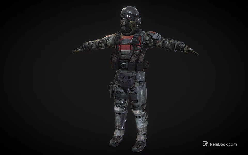 Armored Character in Camouflage Combat Gear Red Black Vest Helmet with Arms Outstretched 3d model 