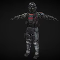 Armored Character in Camouflage Combat Gear Red Black Vest Helmet with Arms Outstretched
