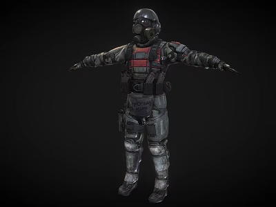 Armored Character in Camouflage Combat Gear Red Black Vest Helmet with Arms Outstretched 3d model