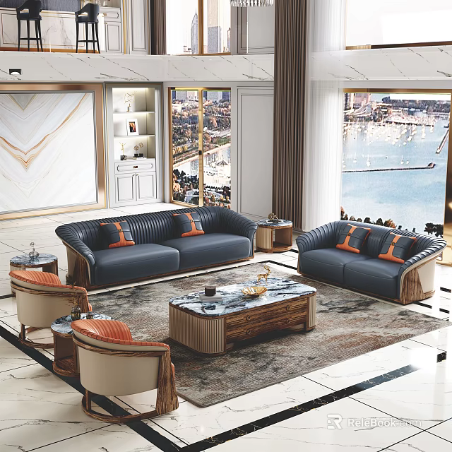 Modern Luxurious Living Room Navy Blue Sofa With Orange Throw Pillows And Wooden Coffee Table 3d model 