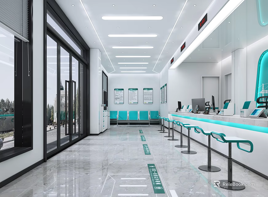 Spacious Modern Hotel Lobby With Large Windows Reception Counter Decorative Paintings And Marble Floor 3d model 